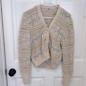 Zara knitted cardigan. Pink, blue, tan and yellow. Size large